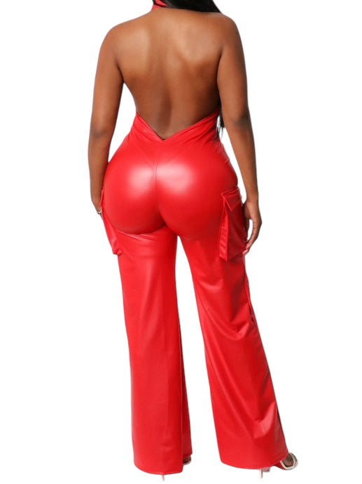 MISS EVERYTHING FAUX LEATHER OPEN BACK JUMPSUIT